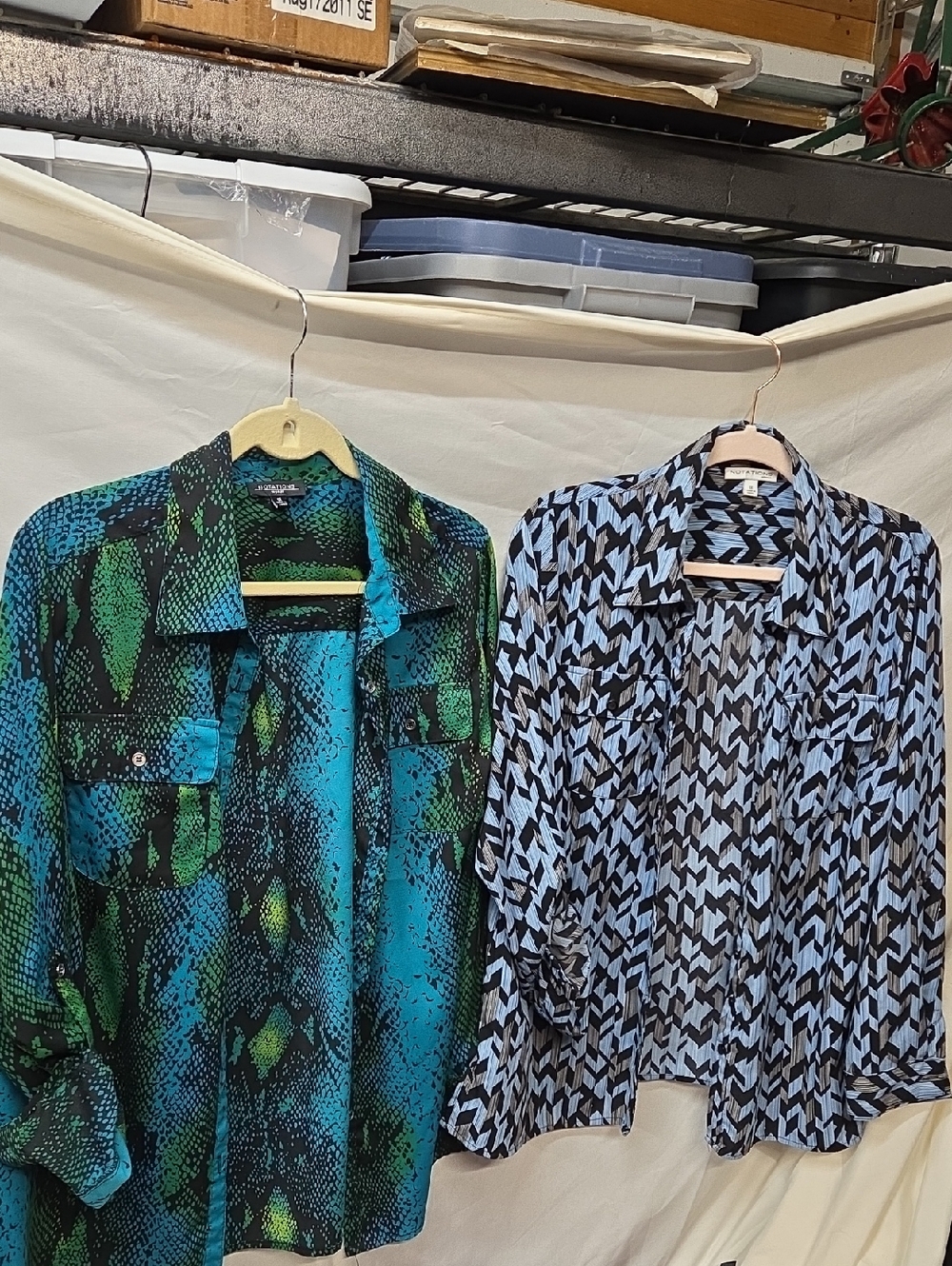 2 Notations Women's Green Teal Snake Print & Blue Black Geometric Blouses 1X